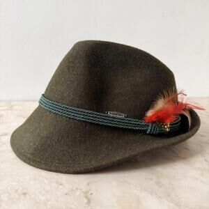 E.H.G. Bavarian Oktoberfest Alpine Green Wool Hat with Feather Size Large 23"